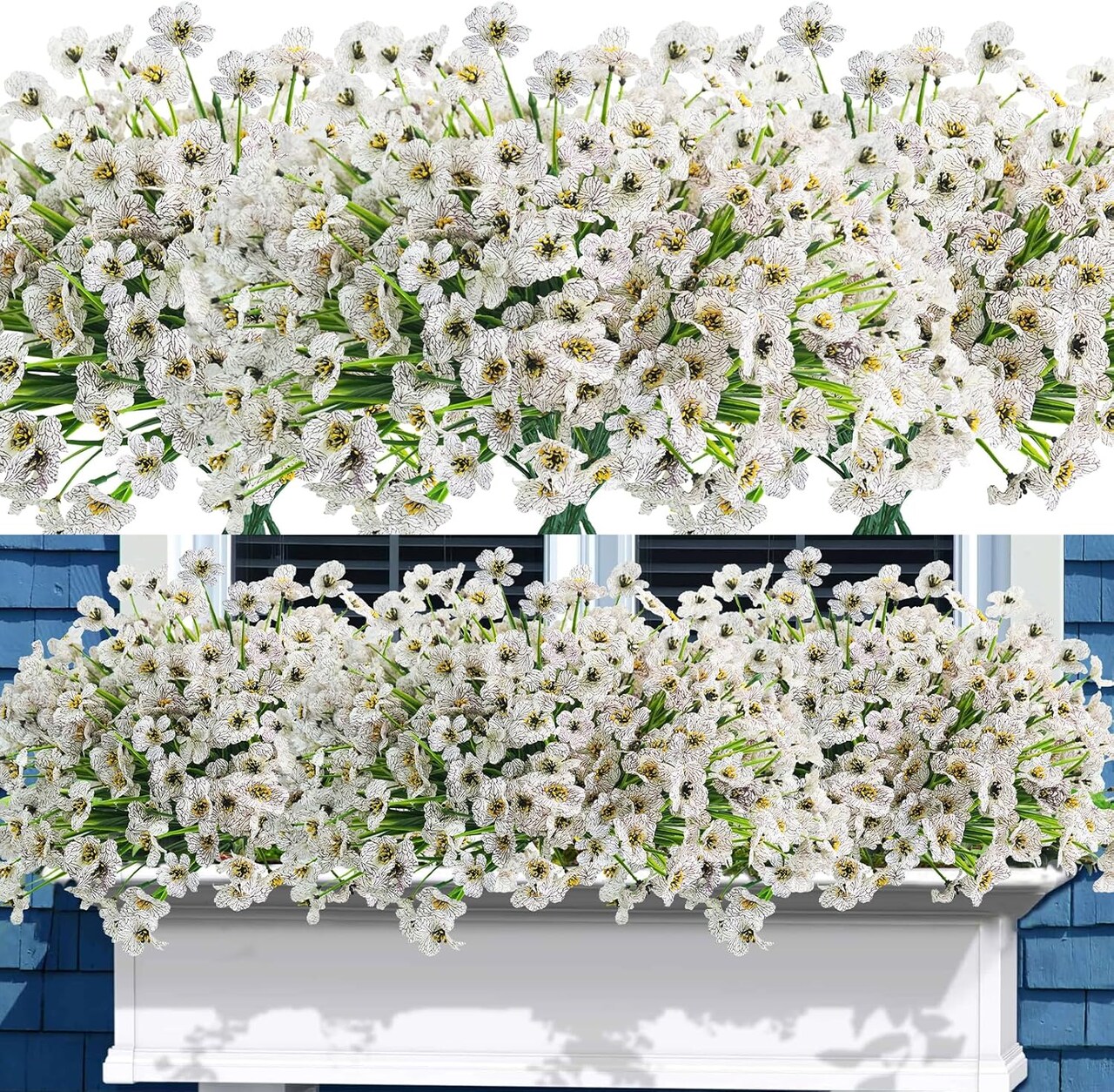 16 Bundles Outdoor Artificial Flowers UV Resistant Fake Flowers No Fade Faux Plastic Plants for Garden Porch Window Box Home Outside Hanging Planter Spring Summer Décor (White) 9.45"D x 9.45"W x 13"H